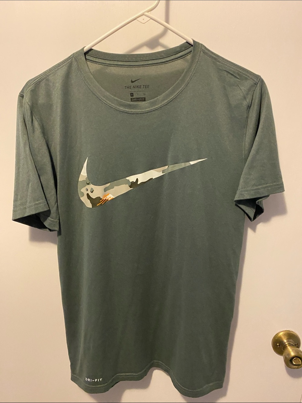 Nike Olive Crew Tee with Camo Swoosh